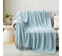 HommxJF Light Blue Knitted Decorative Ball Throw Blankets for Couch, Bedroom and Officeroom,Textured Fade Resistant Soft and Warm Knit Blanket with Tassel,50"x60"