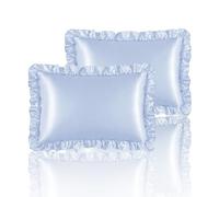 HommxJF Silky Satin Ruffled Pillow Cases for Hair and Skin,Light Blue Silk Pillowcases Standard Set of 2 with Envelope Closure Princess Room Decoration