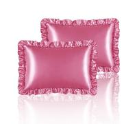 HommxJF Peach RedSatin Ruffled Pillow Cases for Hair and Skin,Peach Red Silk Pillowcases Standard Set of 2 with Envelope Closure Princess Room Decoration