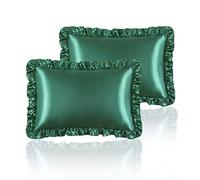 HommxJF Silky Satin Ruffled Pillow Cases for Hair and Skin,Blackish Green Silk Pillowcases Standard Set of 2 with Envelope Closure Princess Room Decoration