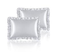 HommxJF Silky Satin Ruffled Pillow Cases for Hair and Skin,Light Gray Silk Pillowcases Standard Set of 2 with Envelope Closure Princess Room Decoration