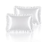 HommxJF Silky Satin Ruffled Pillow Cases for Hair and Skin,White Silk Pillowcases Standard Set of 2 with Envelope Closure Princess Room Decoration