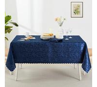 HommxJF Wave Scroll Damask Jacquard Rectangle Deep Sea Blue Tablecloth 60" 120"，Wipeable Table Cover for Dining Table, Buffet Parties and Camping