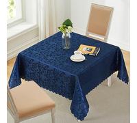 HommxJF Wave Scroll Damask Jacquard Square Deep Sea Blue Tablecloth 52"X52"，Wipeable Table Cover for Dining Table, Buffet Parties and Camping