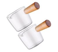 HOMOBABE 2Pcs Glass Espresso Shot Measuring Cups with Wood Handles Transparent Coffee Bar Pitchers for Home Restaurant Bar Office Use Mini Single Spout Milk Jugs