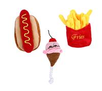 HOMOBABE 3pcs Dog Plush Set Interactive Squeaky Food Simulation Hot Dog Ice Cream French Fries Bite Resistant Mentally Stimulating for Chewing and Playtime