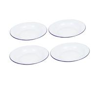 HOMOBABE White Enamel Flat Rim Serving Plates 22cm Shallow Fruit and Snack Dishes Porcelain-style Sturdy Enamelware for Camping and Home Use 4pcs Set