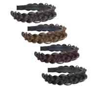 HOMOCONO 4Pcs Wide Plaited Braids Headbands for Women Heat-resistant Synthetic Wig Braid Hair Bands Natural Black Deep Brown Light Brown Black-brown Colors Non-slip Hair Accessory for Party