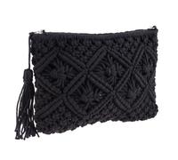 HOMOCONO Black Cotton Woven Clutch Bag with Tassel Lightweight Large Capacity Handbag with Zipper for Summer Beach and Shopping