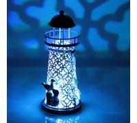 HOMOCONO Mediterranean LED Iron Lighthouse Candle Holder, Hollow Medium-sized Home Décor Ornament, Sky Blue Desktop Adornment for Festival and Coastal Decoration Random Style