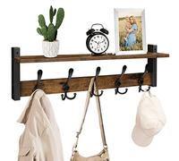 Homode Rustic Brown Wall Mount Coat Rack with Shelf and 5 Tri Hooks, Wood Coat Hangers for Hanging Hat, Towel, Purse, Jacket
