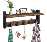 Homode Wall-Mounted Coat Rack with Shelf and 5 Metal Hooks for Clothes, Hats, Towels, Purses, Robes - Rustic Brown Black Wood for Entryway, Bathroom, Mudroom, Bedroom