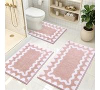 Homodeco Bath Mat Sets 3 Piece Non-Slip, Absorbent Soft Bathroom Mats Set and Toilet Mat Set, Machine Washable Bath and Pedestal Mat Sets Microfiber Fluffy, Pink & White