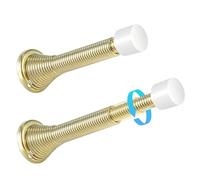 HOMOTEK 2 Pack Telescoping Spring Door Stoppers, Extended from 3-1/8 to 4-1/4 inches Wall Mount Extra Long Door Stops- Flexible Spring Doorstops Wall Protector (Bright Brass)