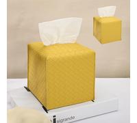HOMOTEK 2 Pack Tissue Box Cover, Square PU Leather Tissue Holder, Decorative Facial Tissue Cube Paper Organizer Dispenser for Bathroom, Night Stands, Desk, Car 5X5X5'' - Woven Waffle,Mango Yellow