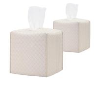 HOMOTEK 2 Pack Tissue Box Cover, Square PU Leather Tissue Holder, Decorative Facial Tissue Cube Paper Organizer Dispenser for Bathroom, Night Stands, Desk, Car 5X5X5'' - Woven Waffle, Ivory