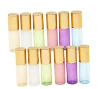 Homoyoyo 12Pcs Pearlescent Glass Bottles for Essential Oils Portable Leakproof Refillable Subpackaging with Transparent Steel Balls in Gold Green White Blue Pink Purple