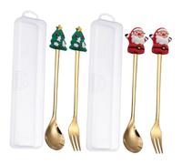 Homoyoyo 2 Sets Christmas Dessert Fork and Spoon Stainless Steel Dinnerware with Cute Cartoon Santa and Tree Design for Party Family Camping Buffet Dishwasher Safe