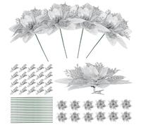 Homoyoyo 20 Sets Silver Christmas Poinsettia Flowers Clips and Stems, Glitter Artificial Christmas Tree Decorations for Holiday Ornaments and Xmas Wreaths