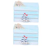Homoyoyo 2pcs Coastal Wooden Keepsake Box with Hinged Lid Rustic Blue Beach Souvenirs Organizer for Bracelets Jewelry Storage Chest Tranquil Ocean-inspired Home and Bedroom Decor