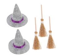 Homoyoyo 3 Set Miniature Witch Hat and Tiny Broom Set for Halloween Party Decorations DIY Craft Supplies with Natural Straw Brooms and Grey Mini Hats Festive Accessories for Holiday Home