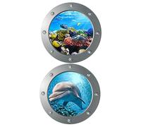 Homoyoyo 3D Ocean Animal Wall Stickers with Submarine Window, Removable Whale and Dolphin Decals, Nautical Bedroom and Bathroom Decor, 2pcs Set