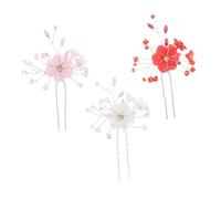Homoyoyo 3pcs Bridal Hair Pins U Shaped Floral Hair Ornaments with Design Vintage Chinese Style for Brides White Pink Red