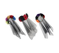 Homoyoyo 3Pcs Fake Rose Headband with Veil for Halloween Cosplay Hair Clasp Black and Colorful Floral Design for Day Dead Celebrations and Parties