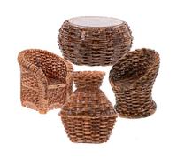 Homoyoyo 4pcs Miniature Dollhouse Furniture Set, Woven Rattan Large and Small Chairs with Bamboo Jar and Fish Basket, Decorative Fairy Garden Accessories for Dollhouse and DIY Micro