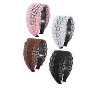 Homoyoyo 4Pcs Wide Lace Headbands Non-slip Headdresses for Women Lightweight Comfortable Hairbands in Black Coffee Pink Gray for Parties and Daily Wear