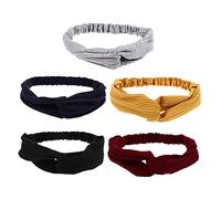 Homoyoyo 5 Pcs Knitted Cotton Elastic Hairbands for Women Stretchy Cross Hair Wraps in Grey Black Mustard Navy Comfortable Headbands for Makeup Yoga Daily Wear and Parties