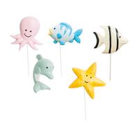 Homoyoyo 5pcs Ocean Theme Non-edible Cake Toppers Set with Sea Star, Dolphin, Octopus, Striped Fish and Blue Fish, Cartoon Style Dessert Decorations for Birthday Parties under The Sea