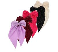 Homoyoyo 5PCS Oversized Satin Bow Hair Clips for Women Vintage Rhinestone Bowknot Barrettes with Long Tail Ribbon Secure Fit Hair Accessories for Valentines Day and Everyday Style