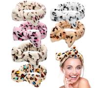 Homoyoyo 6pcs Leopard Print Skincare Headband with Bowknot Detail Elastic Fuzzy Spa Makeup Headbands for Women Comfortable Face Wash Hairbands in Coffee Pink Yellow White Beige Leopard
