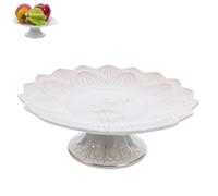 Homoyoyo 7-Inch White Ceramic Buddhist Offerings Bowl with Gold-Trimmed Raised Relief, Footed Fruit Display Tray for Altar Worship and Temple Use, Decorative Holy Water and Pastry Serving
