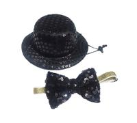 Homoyoyo Black Sequins Pet Hat and Tie Set for Dogs and Cats Comfortable Fabric Cosplay Costume for Christmas Halloween Parties and Photo Shoots Easy to Wear Holiday Accessories