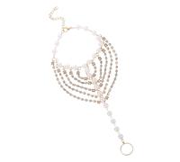 Homoyoyo Bridal Foot Jewelry : Rhinestone & Faux Pearl Anklet with Toe Ring - Wedding Barefoot Sandals for Beach Brides - Boho Bride Summer Accessory