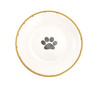 Homoyoyo Ceramic Cat Bowl Set Elevated Pet Feeder with Gold Iron Stand, Shallow Raised Cat Food Dish Paw Print Design, Anti-spill Kitten Bowl for Spine Protection, 2pcs Set