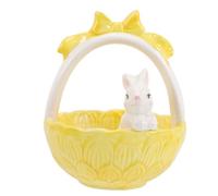 Homoyoyo Ceramic Easter Bunny Basket Figurine, Small Yellow Rabbit Decoration for Desktop and Tabletop, 12.5x12.5x15cm Easter Bunny Decor for Home and Office Seasonal Ornament