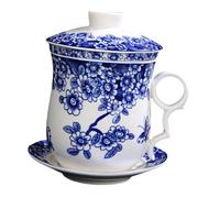 Homoyoyo Chinese Blue and White Porcelain Tea Set Four-Piece Ceramic Tea Cup Lid and Infuser Traditional Chinese Ceramic Teaware Retro Pattern for Home and Office