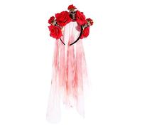 Homoyoyo Day of The Dead Skull Rose Flower Crown with Veil | Mexican Halloween Headpiece | Vibrant Red Floral Headband for Festive Celebrations and Costume Parties