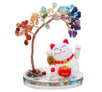 Homoyoyo Delicate Crystal Tree Ornament with Solar Fortune Cat Statue Indoor Desk Decor for Home and Office Symbolic Life Tree Figurine for Wealth and Harmony Adaptable Style Desktop