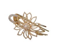Homoyoyo Elegant Pearl Rhinestone Flower Hair Barrette Non-slip Ponytail Clip with Alloy Three-tooth Design for Thick and Thin Hair Suitable for Women and Daily Office and Party Hairstyles