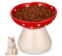 Homoyoyo Elevated Mushroom-shaped Ceramic Cat Bowl Whisker-friendly Wide Shallow Pet Feeding Dish for Comfortable Eating Red Raised Cat Water Bowl Stable Non-slip Design