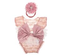 Homoyoyo Girl Photoshoot Outfit with Cute Bow Lace Romper and Headband Comfortable Photography Prop for First Photo Session and Girl Photo Keepsakes