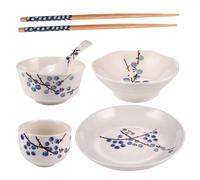 Homoyoyo Japanese Ceramic Tableware for Single Use Household Dining with Bowl Plate Cup Dish Spoon and Chopsticks Plum Blossom Pattern Porcelain for Everyday Meals