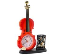 Homoyoyo Red Plastic Violin Clock Ornament with Pen Holder and Alarm Function, Unique Violin Model Desktop Decoration for Office and Dormitory Use