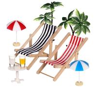 Homoyoyo Resin Miniature Beach Set for Dollhouse with 2 Palm Trees, 2 Mini Parasols, 2 Deckchairs (red Black), 2 Drinks round Tea Table - Micro Landscape Ornament for Fairy Garden Decor