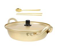 Homoyoyo Thickened Aluminum Stock Pot with Lid Double Handles Spoon and Chopsticks Safe Heat-Resistant Cooking Pot for Ramen Soup Stew and Korean Dishes Shallow Design