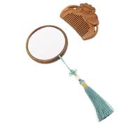 Homoyoyo Vintage Hand-carved Wood Hand Mirror and Comb Set with Tassel Makeup Mirror for Travel Home Office and Outdoor Use Elegant Grooming Accessory
